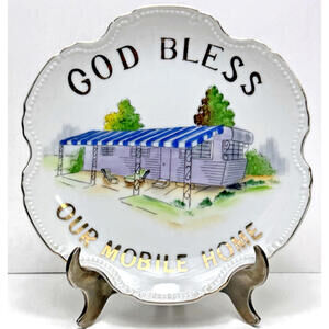 Vtg God Bless Our Trailer Home 8.25" Wall Plate Kelvin Japan MCM X-424 Scalloped